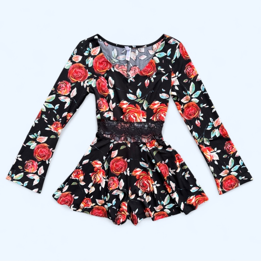 Xhilaration Floral Roses Crochet Waist Long Sleeve Romper in Black/Red Size XS